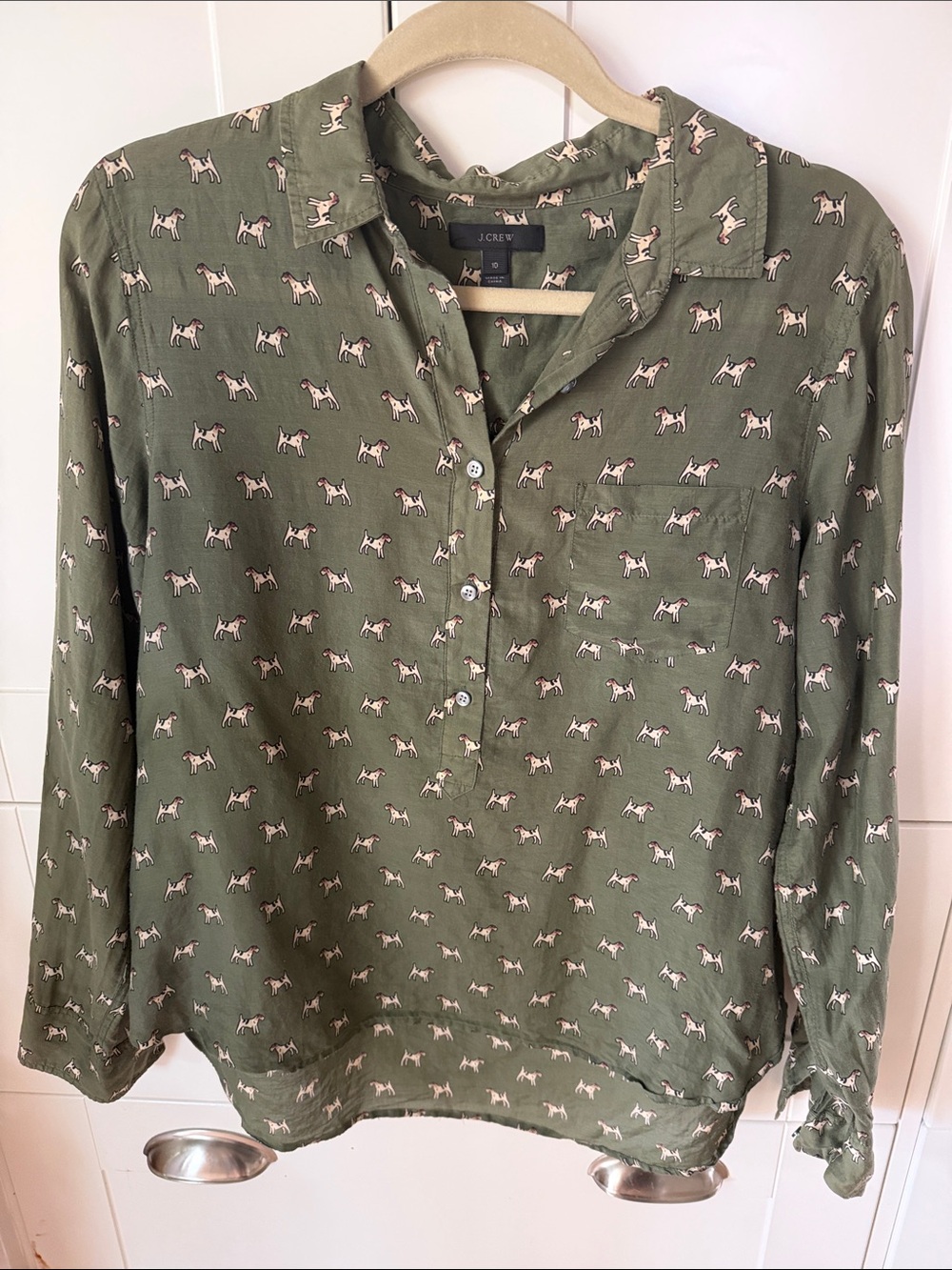 J. Crew Olive Green Long-Sleeve Button Down Shirt with Dog Print